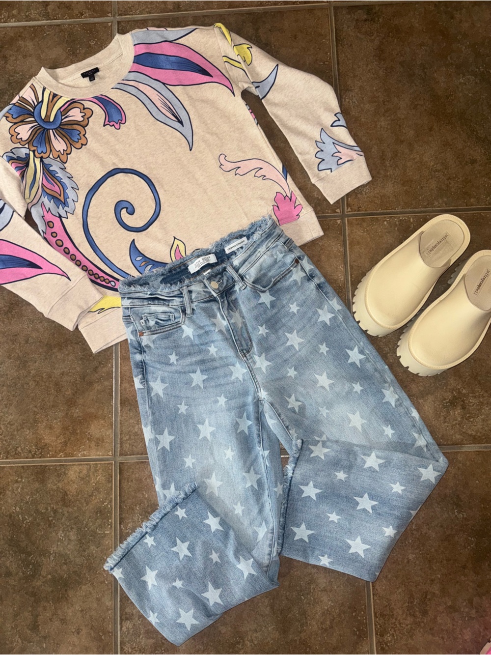 Judy Blue Star Print Jeans/ Talbots Sweatshirt / Jeffrey Campbell Clogs